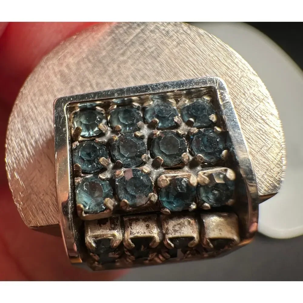 Vintage Cufflinks Tie Tac Set Blue Rhinestone Mesh Wrap Silver Tone retro